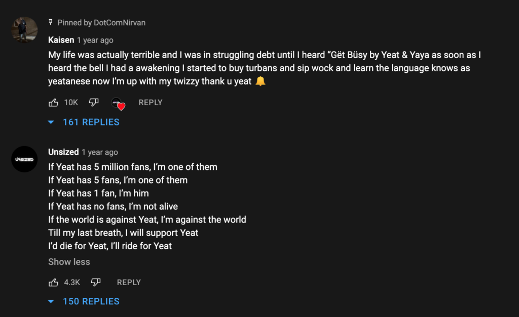 Comment section under music video for "Ya Ya" by Yeat