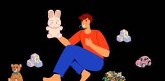 Animated depiction of a young adult man acting like a child, surrounded by stuffed animals, Legos, and sucking a pacifier