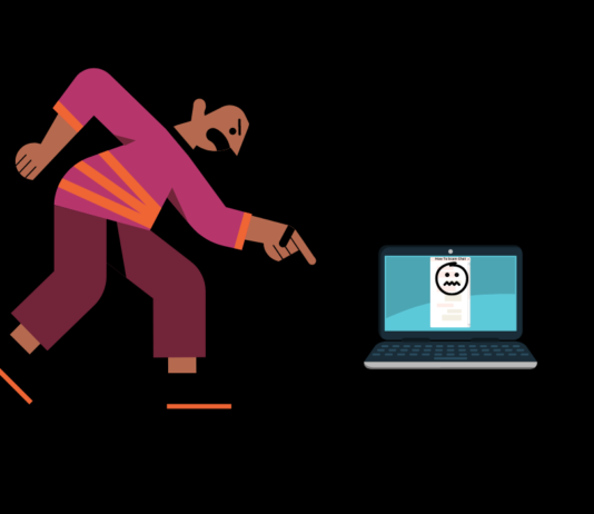 Illustration of man standing over and angrily pointing at a laptop with a chat window on the screen. The chat window has a face with a nervous expression on it, meant to represent ChatGPT