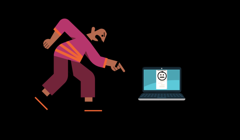 Illustration of man standing over and angrily pointing at a laptop with a chat window on the screen. The chat window has a face with a nervous expression on it, meant to represent ChatGPT