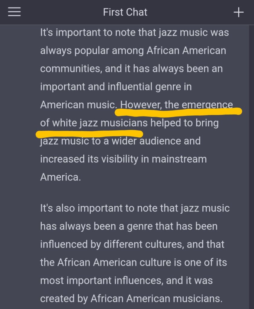 ChatGPT claiming White jazz musicians are as, if not more, influential than Black jazz musicians to the growth of jazz as a genre