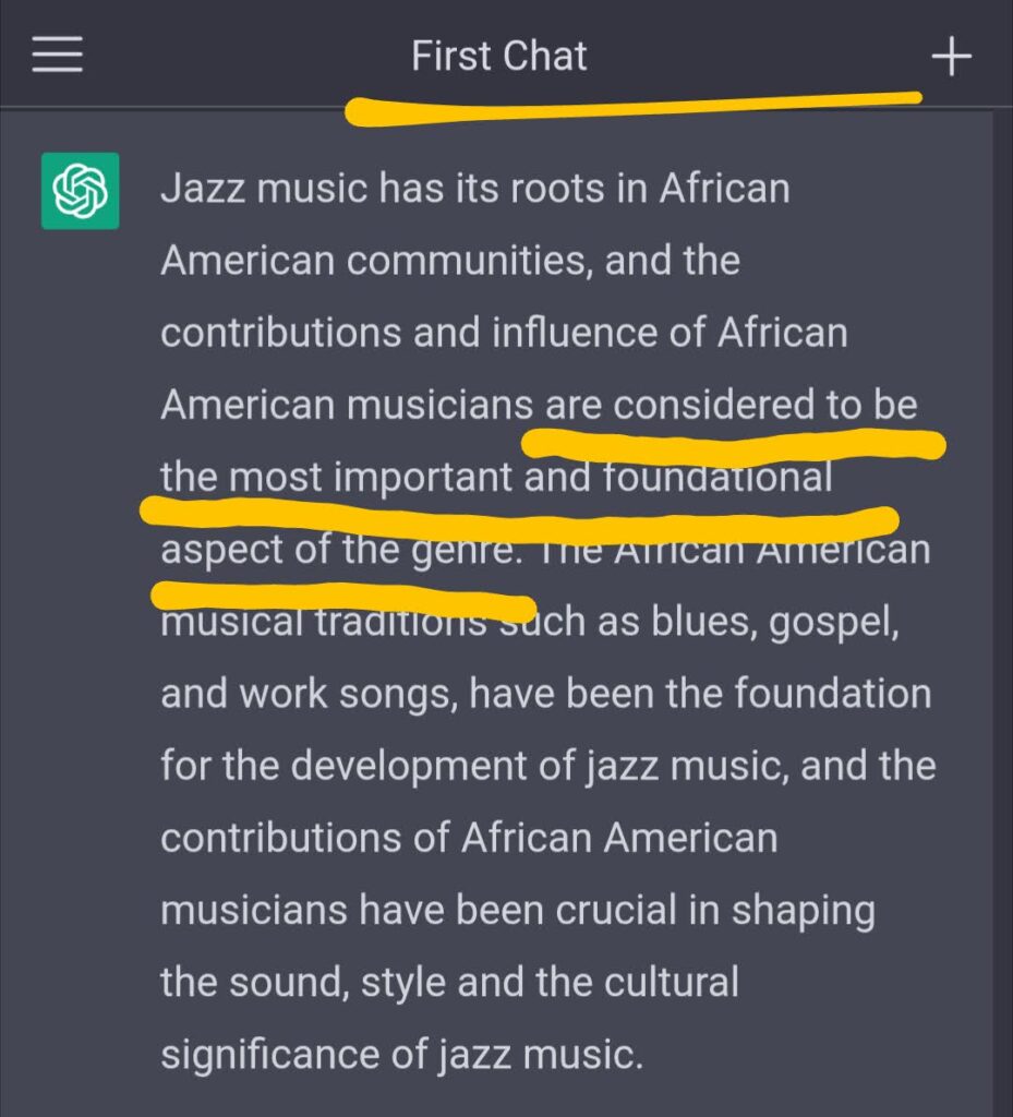ChatGPT revising its initial summary of the most important influences in jazz music's history. When prompted to give an unequivocal answer stating jazz's most fundamental influence, ChatGPT says "African American musicians are considered to be the most important and foundational aspect of the genre."