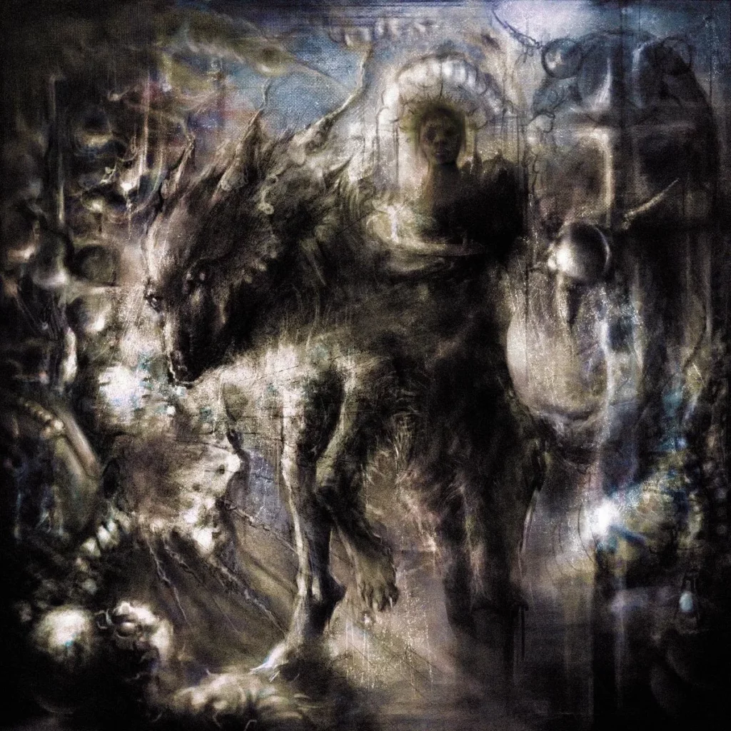 YhapoJJ Evolution of Xur album cover featuring a blurred, dark illustration of YhapoJJ riding a large wolf