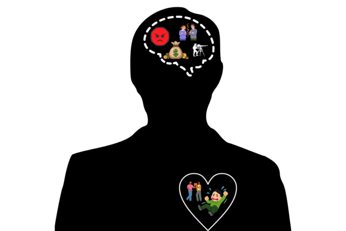 Black male silhouette on white background with images of anger and violence inside a brain outline and an image of male affection and a boy crying inside a heart-shaped outline on his chest
