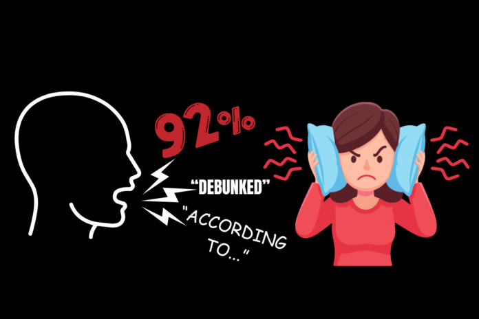 Alternative Facts Critical Discourse Theory White silhouette of floating human head yelling things like statistics and "according to..." at an illustrated woman who is covering her ears with a pillow angrily; represents alternative facts and the need for critical discourse theory
