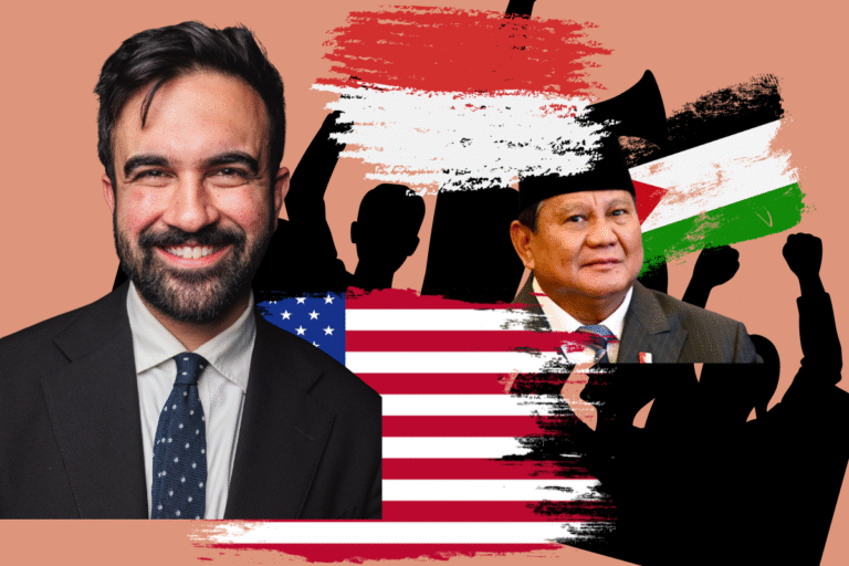 A collage showcasing NYC mayor Zohran Mamdani, the national flags of the USA, Indonesia, and Palestine, Indonesian President Prabowo Subianto, and a black silhouette of a protesting crowd. The photo captures US and Indonesian identity politics.