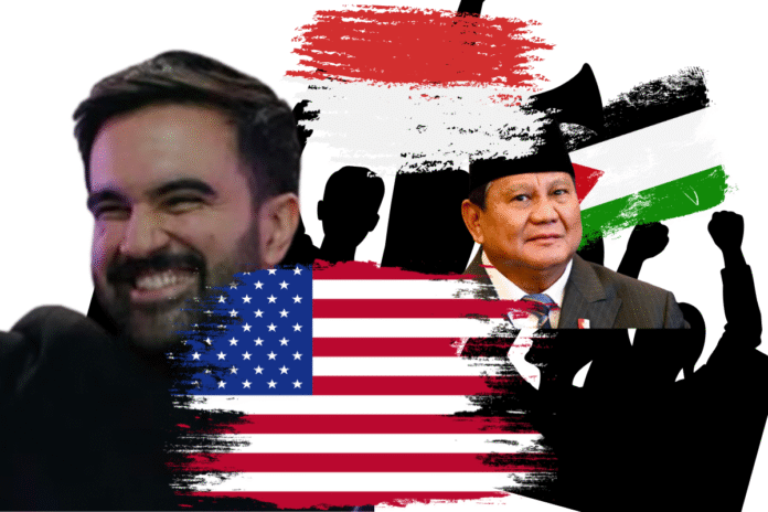 Zohran Mamdani | US and Indonesian Identity Politics | Across The Culture A collage showcasing NYC mayor Zohran Mamdani, the national flags of the USA, Indonesia, and Palestine, Indonesian President Prabowo Subianto, and a black silhouette of a protesting crowd. The photo captures US and Indonesian identity politics.