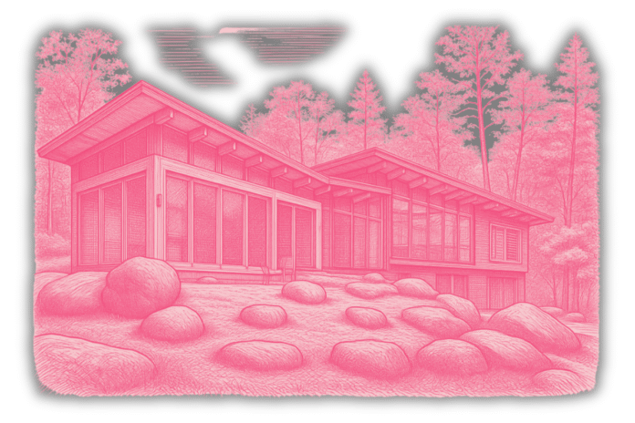 The Airbnb featured in "The Cottage" episode of 'Heated Rivalry' with a pink sketch-like visual filter applied to it
