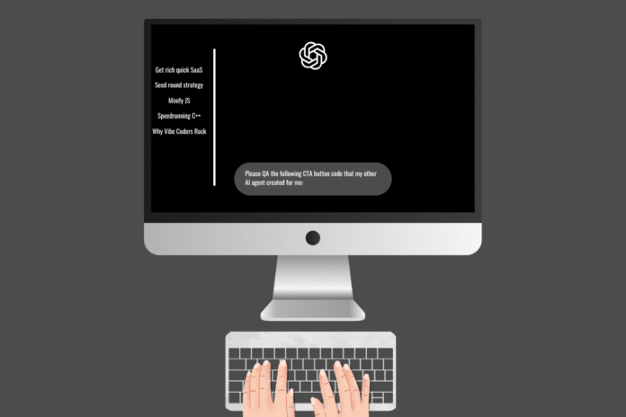 Illustration of a vibe coder using a mock ChatGPT interface to QA code another AI agent created for them