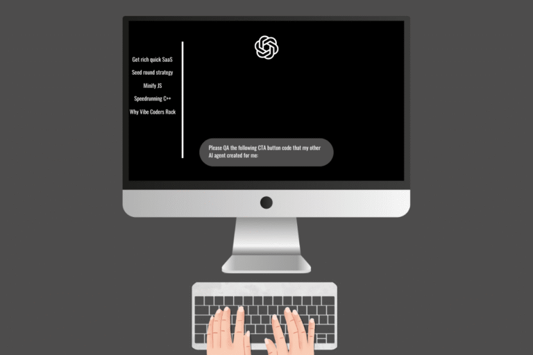 Illustration of a vibe coder using a mock ChatGPT interface to QA code another AI agent created for them